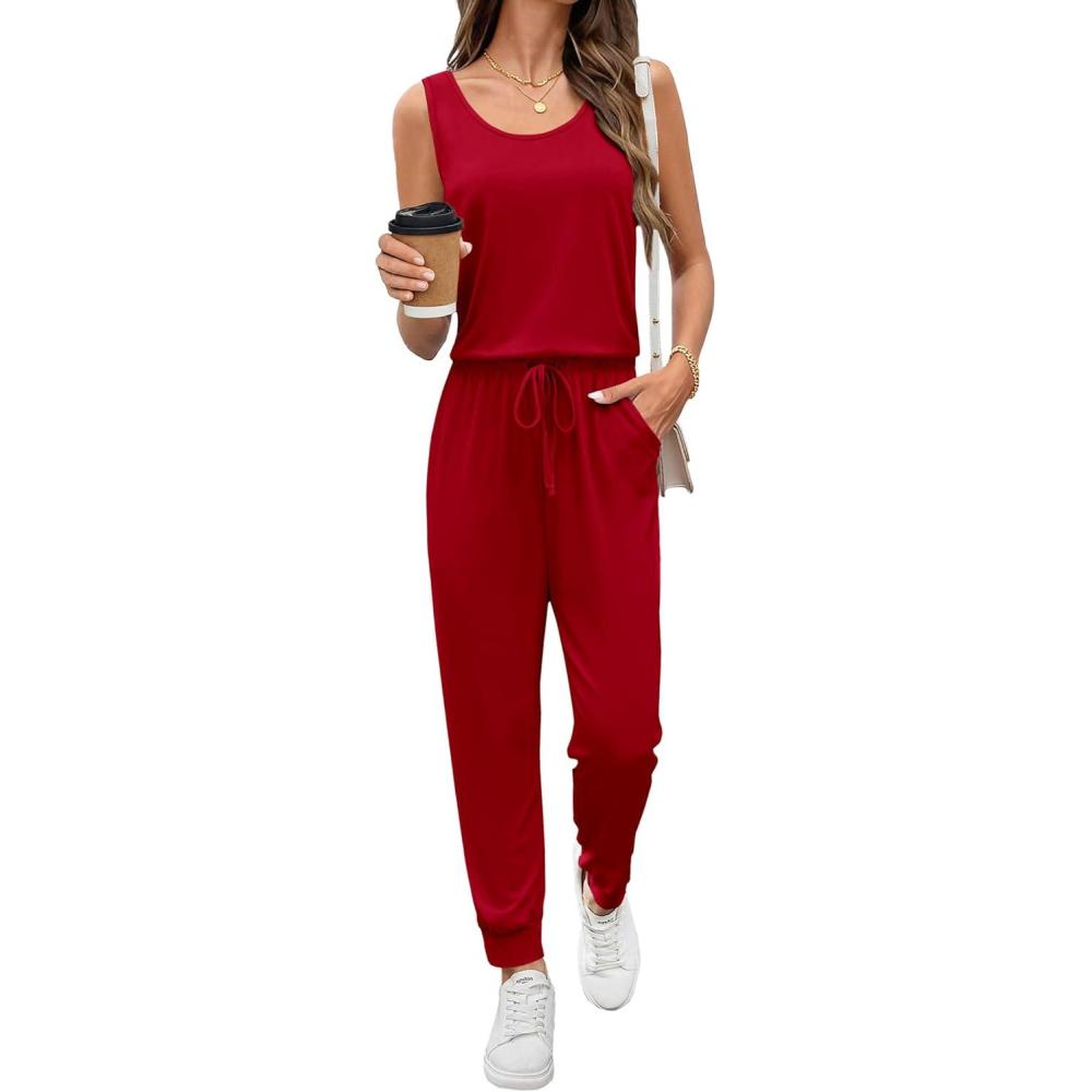 imageEkouaer Jumpsuits for Women Casual Sleeveless 2026 Summer Romper Dressy Vacation One Piece Outfits Fashion Travel ClothesRed