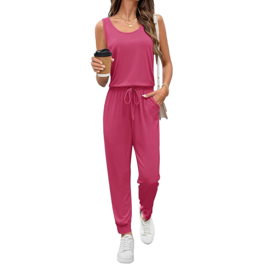 imageEkouaer Jumpsuits for Women Casual Sleeveless 2026 Summer Romper Dressy Vacation One Piece Outfits Fashion Travel ClothesRose Red