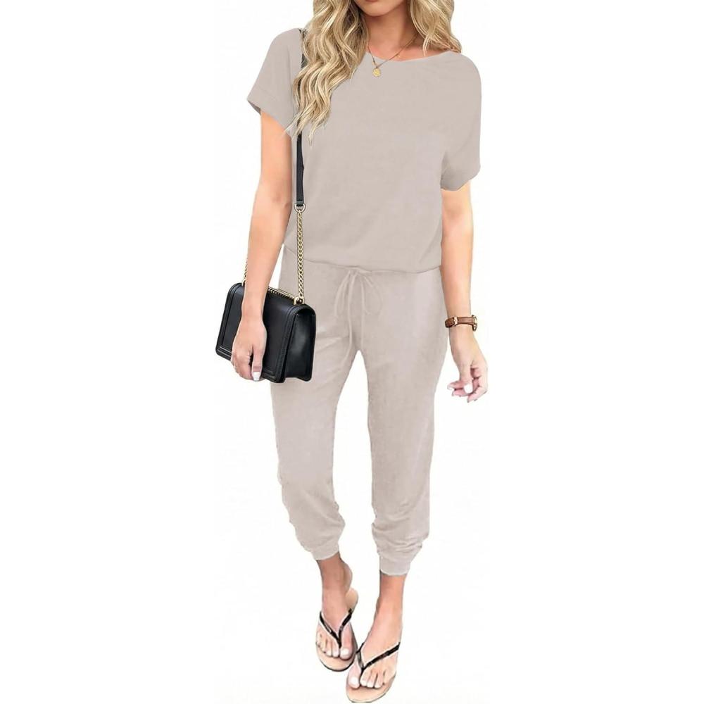 imageEkouaer Jumpsuits for Women Dressy Summer Romper Casual Spring Vacation Outfits 2026 One Piece Travel ClothesBeige