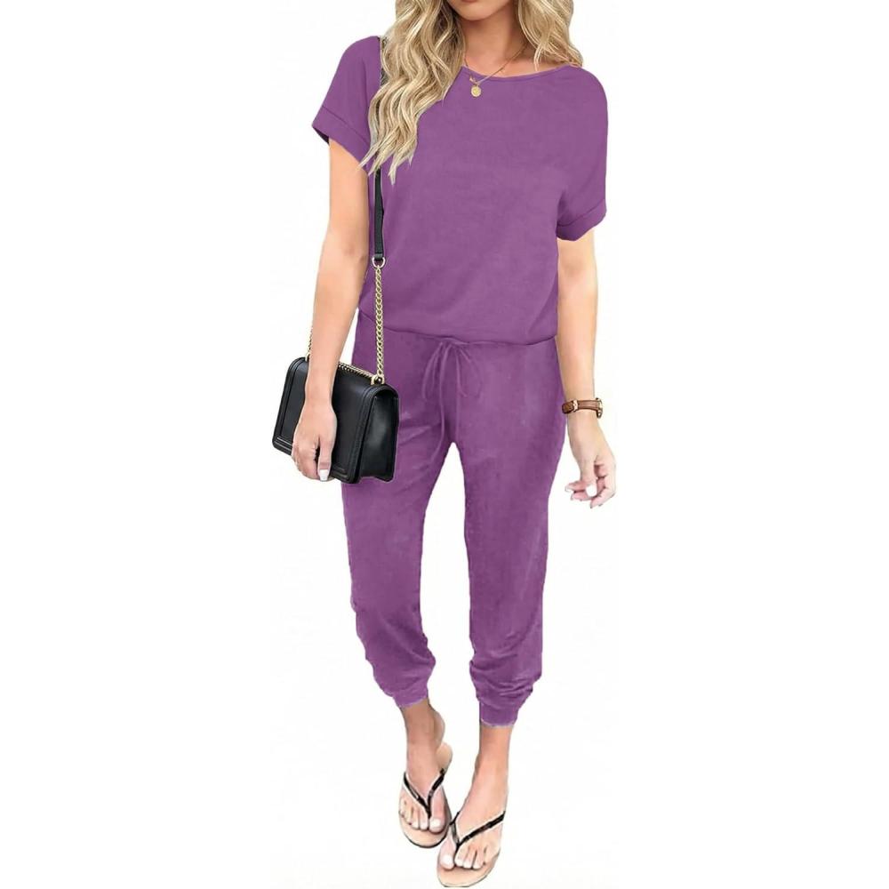 imageEkouaer Jumpsuits for Women Dressy Summer Romper Casual Spring Vacation Outfits 2026 One Piece Travel ClothesDark Purple
