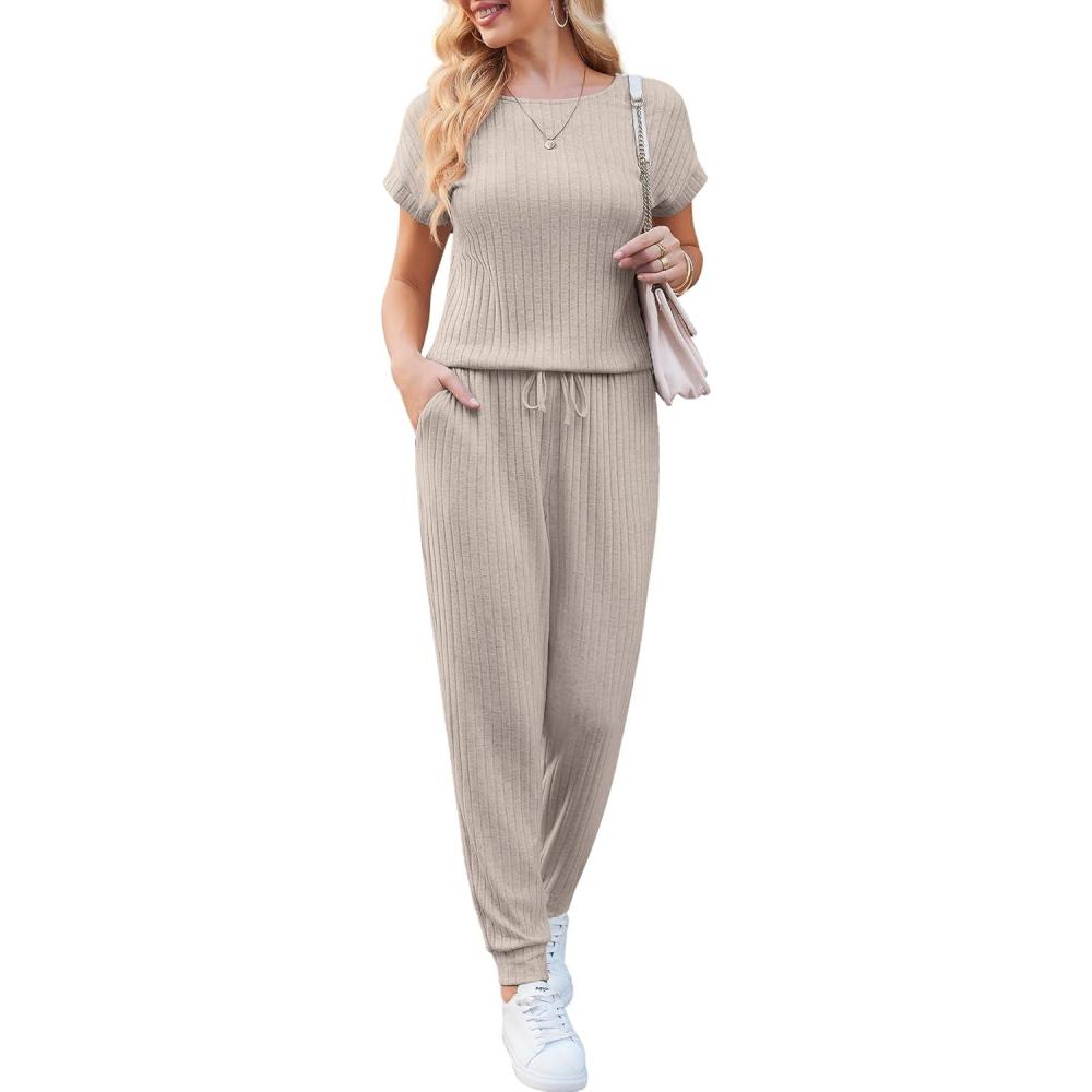imageEkouaer Jumpsuits for Women Dressy Summer Romper Ribbed Knit Casual Travel Outfits 2026 Vacation Beach ClothesBeige
