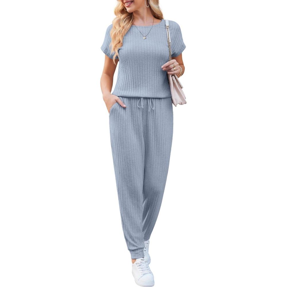 imageEkouaer Jumpsuits for Women Dressy Summer Romper Ribbed Knit Casual Travel Outfits 2026 Vacation Beach ClothesLight Blue