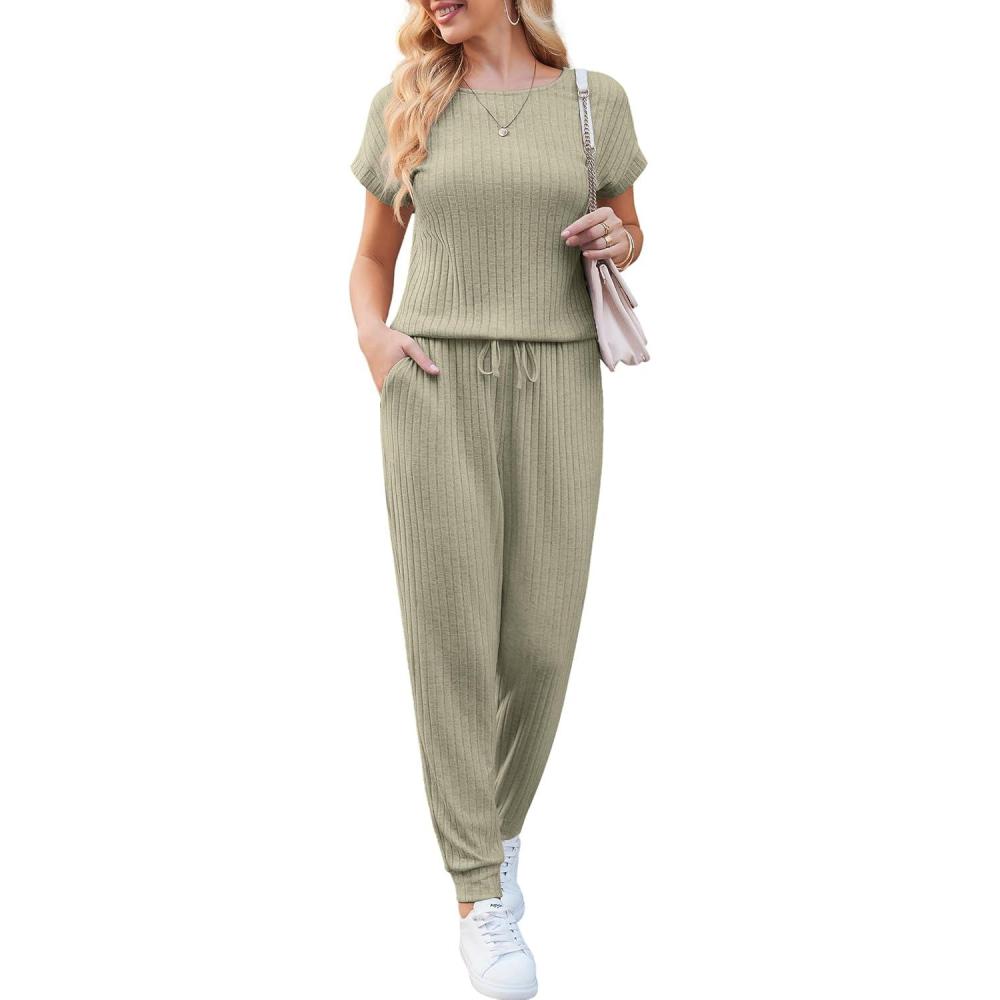 imageEkouaer Jumpsuits for Women Dressy Summer Romper Ribbed Knit Casual Travel Outfits 2026 Vacation Beach ClothesLight Green