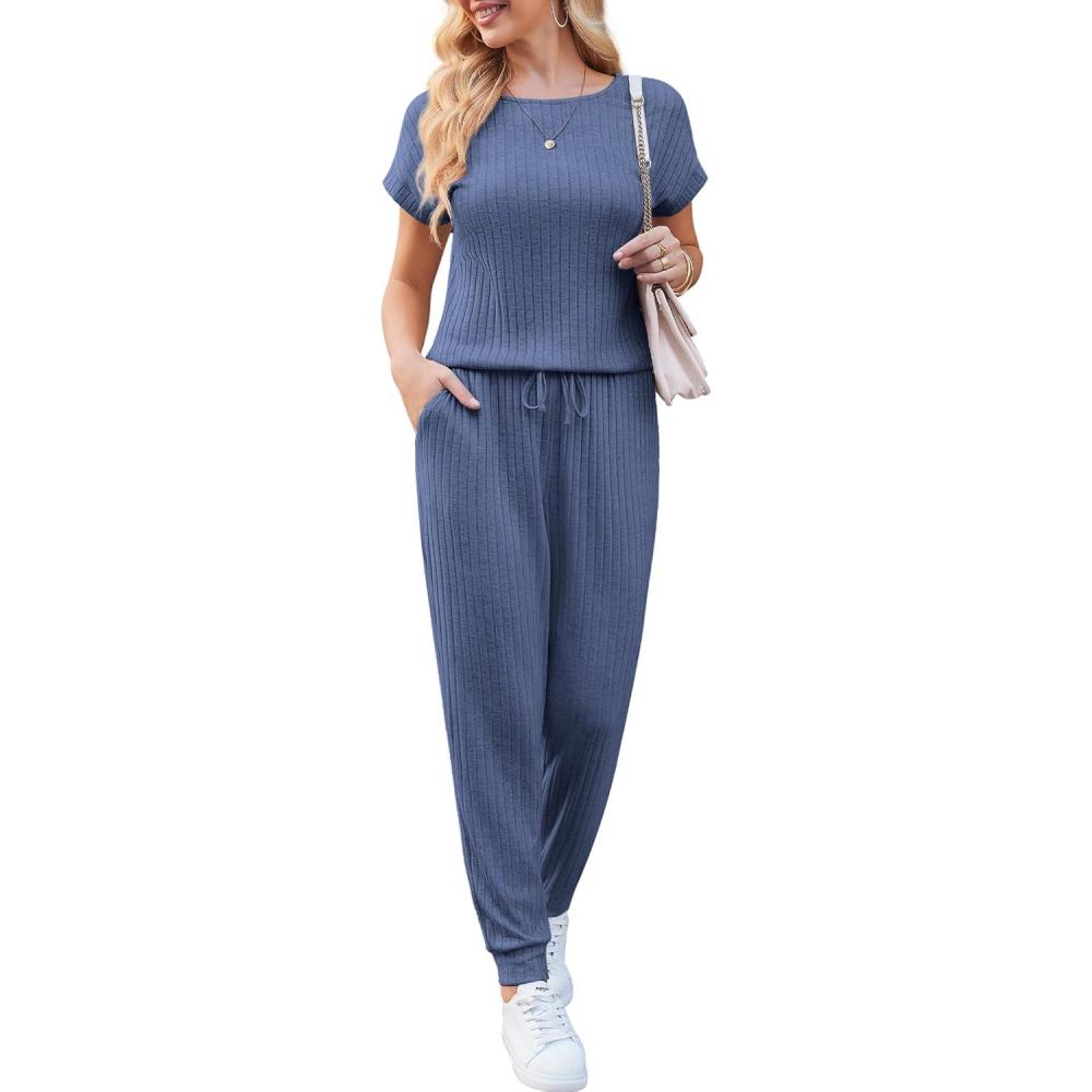 imageEkouaer Jumpsuits for Women Dressy Summer Romper Ribbed Knit Casual Travel Outfits 2026 Vacation Beach ClothesNavy