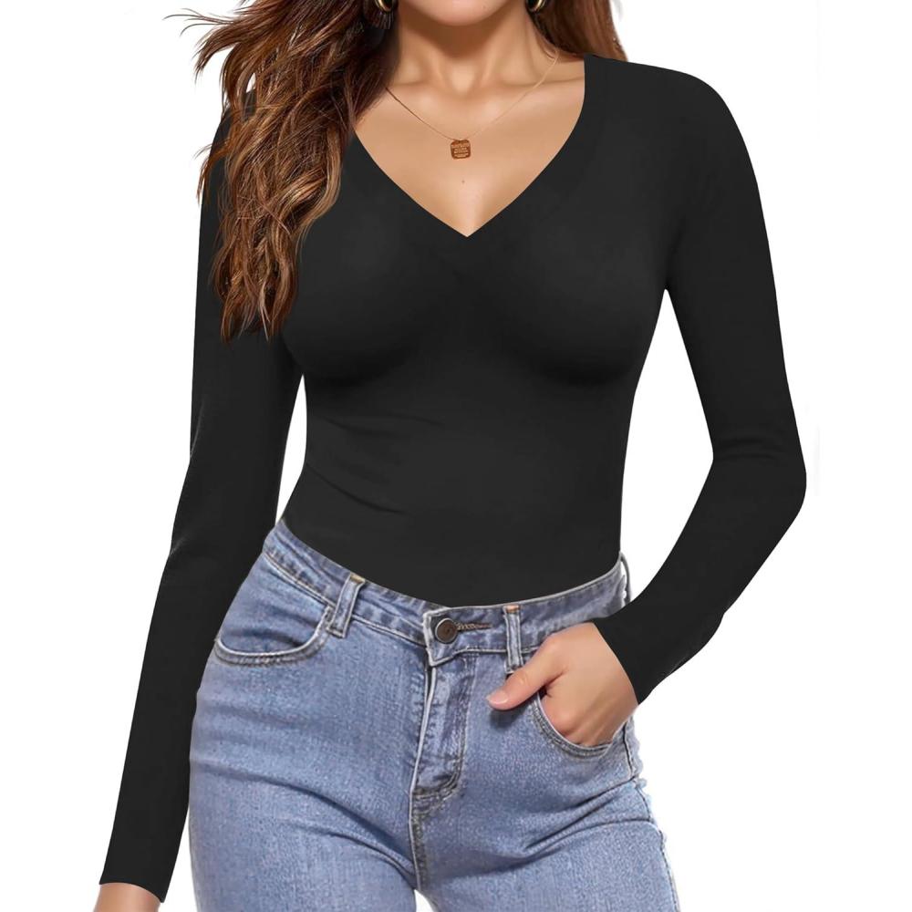 imageEkouaer Long Sleeve Shirts for Women V Neck Basics Tops Lightweight Base Layer Slim Fit Top Thermal UndershirtsBlack
