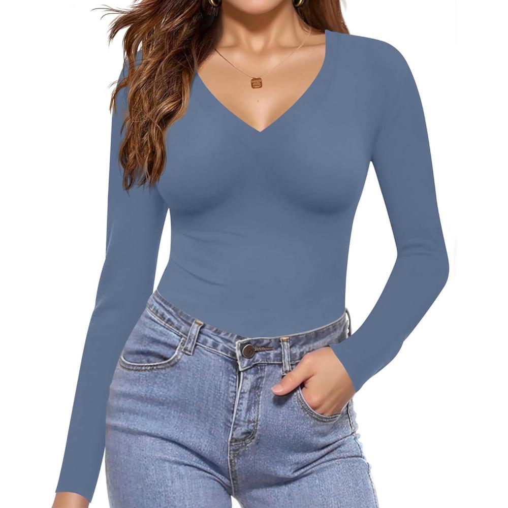 imageEkouaer Long Sleeve Shirts for Women V Neck Basics Tops Lightweight Base Layer Slim Fit Top Thermal UndershirtsBlue