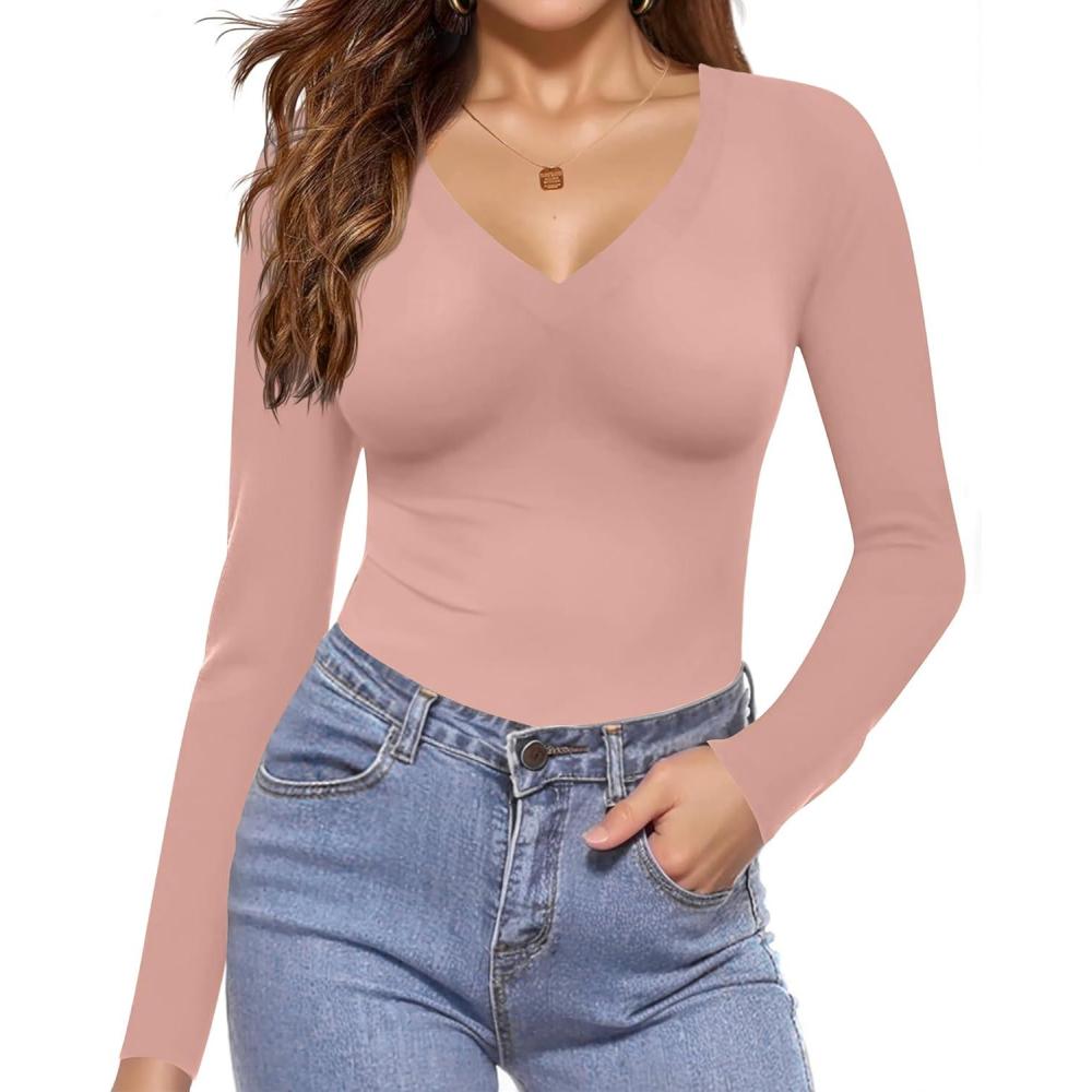 imageEkouaer Long Sleeve Shirts for Women V Neck Basics Tops Lightweight Base Layer Slim Fit Top Thermal UndershirtsDark Pink