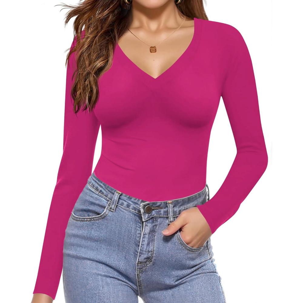 imageEkouaer Long Sleeve Shirts for Women V Neck Basics Tops Lightweight Base Layer Slim Fit Top Thermal UndershirtsHot Pink