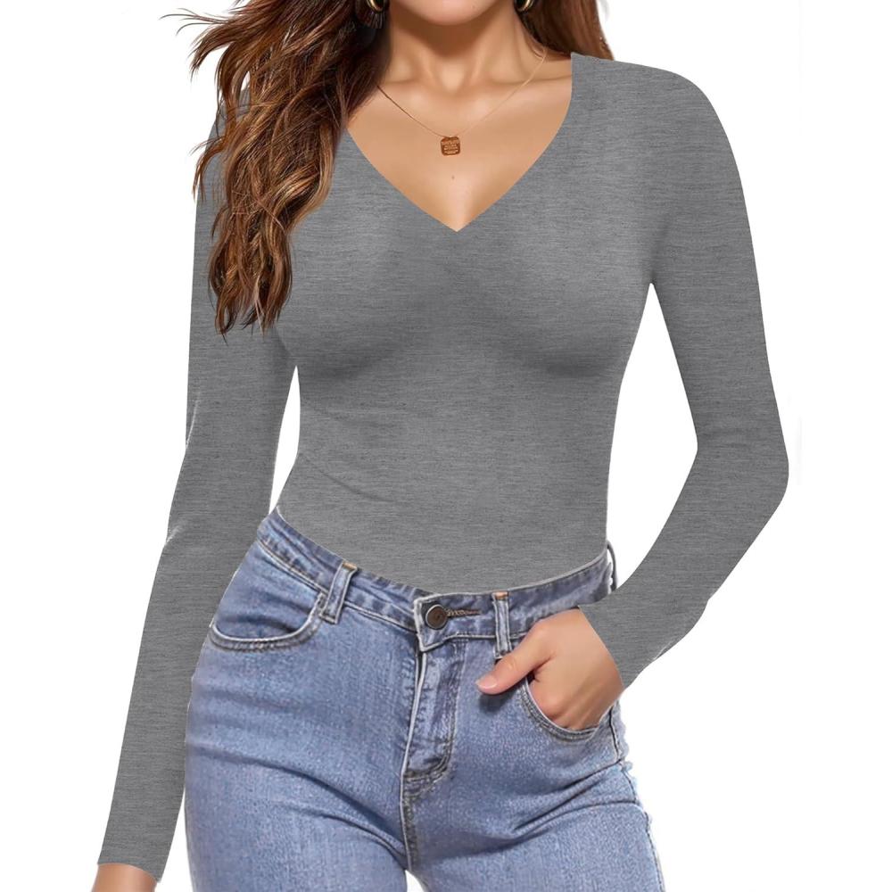 imageEkouaer Long Sleeve Shirts for Women V Neck Basics Tops Lightweight Base Layer Slim Fit Top Thermal UndershirtsLight Grey