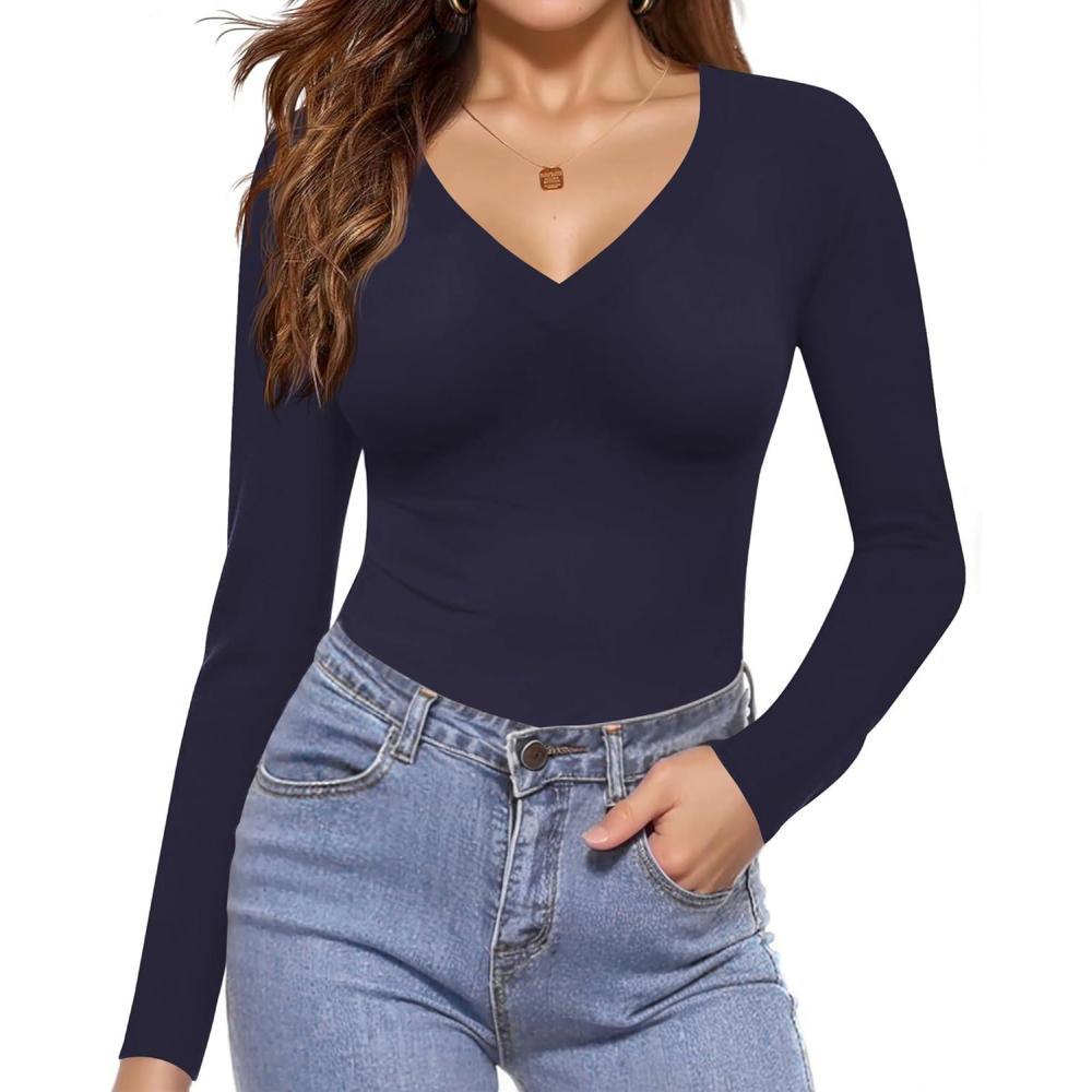 imageEkouaer Long Sleeve Shirts for Women V Neck Basics Tops Lightweight Base Layer Slim Fit Top Thermal UndershirtsNavy Blue