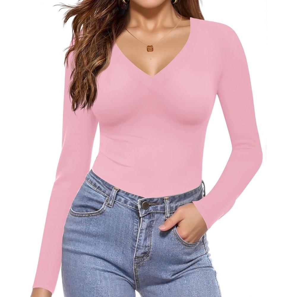 imageEkouaer Long Sleeve Shirts for Women V Neck Basics Tops Lightweight Base Layer Slim Fit Top Thermal UndershirtsPink