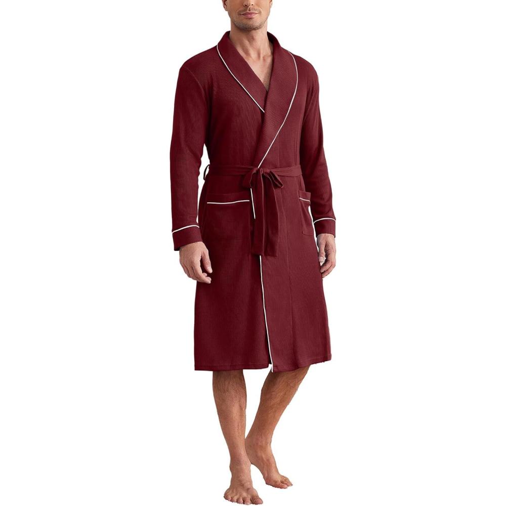 imageEkouaer Mens Robes Lightweight Waffle Knit Kimono Bathrobe Long Sleeve Sleepwear Soft Knee Length Robe with Pockets