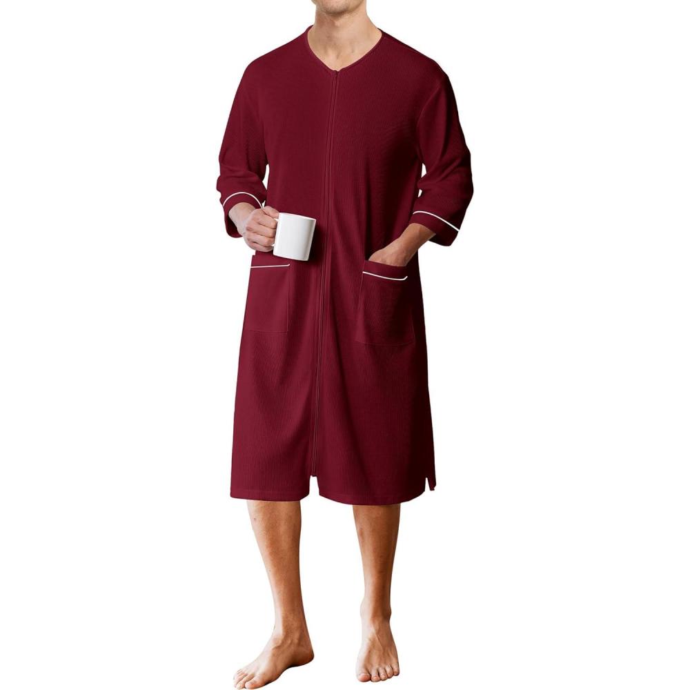imageEkouaer Mens Robes Lightweight Zipper House Coat Short Bathrobes Soft Sleepwear with Pockets S3XLWine Red