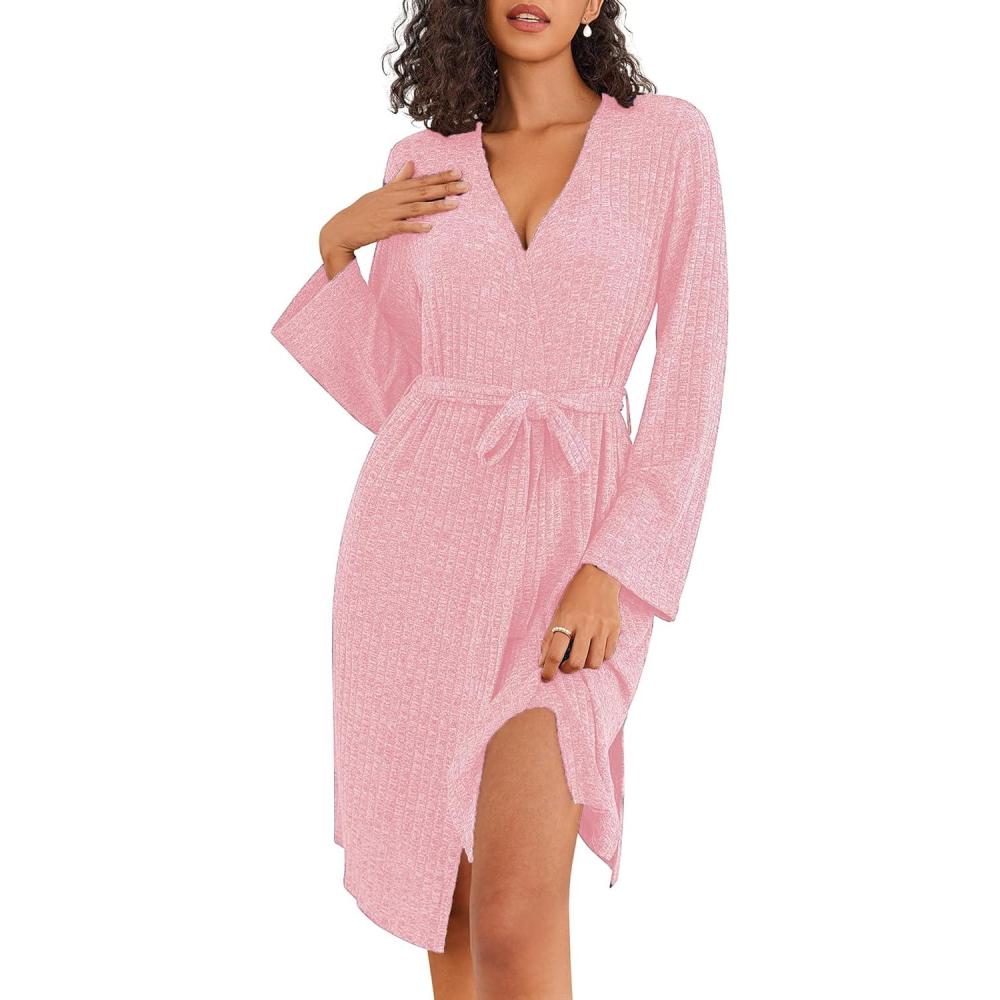 imageEkouaer Robe for Women Ribbed Knit Bathrobe Soft Knee Length Kimono Robes Ladies Sleepwear with Pockets SXXLPink