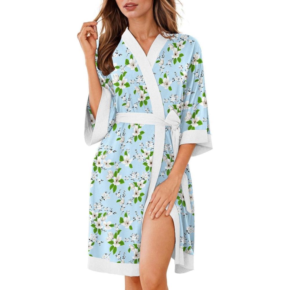 imageEkouaer Robes for Women Knee Length Bathrobe Lightweight Kimono Robe 34 Sleeve Knit Sleepwear with PocketsLight Blue Flower