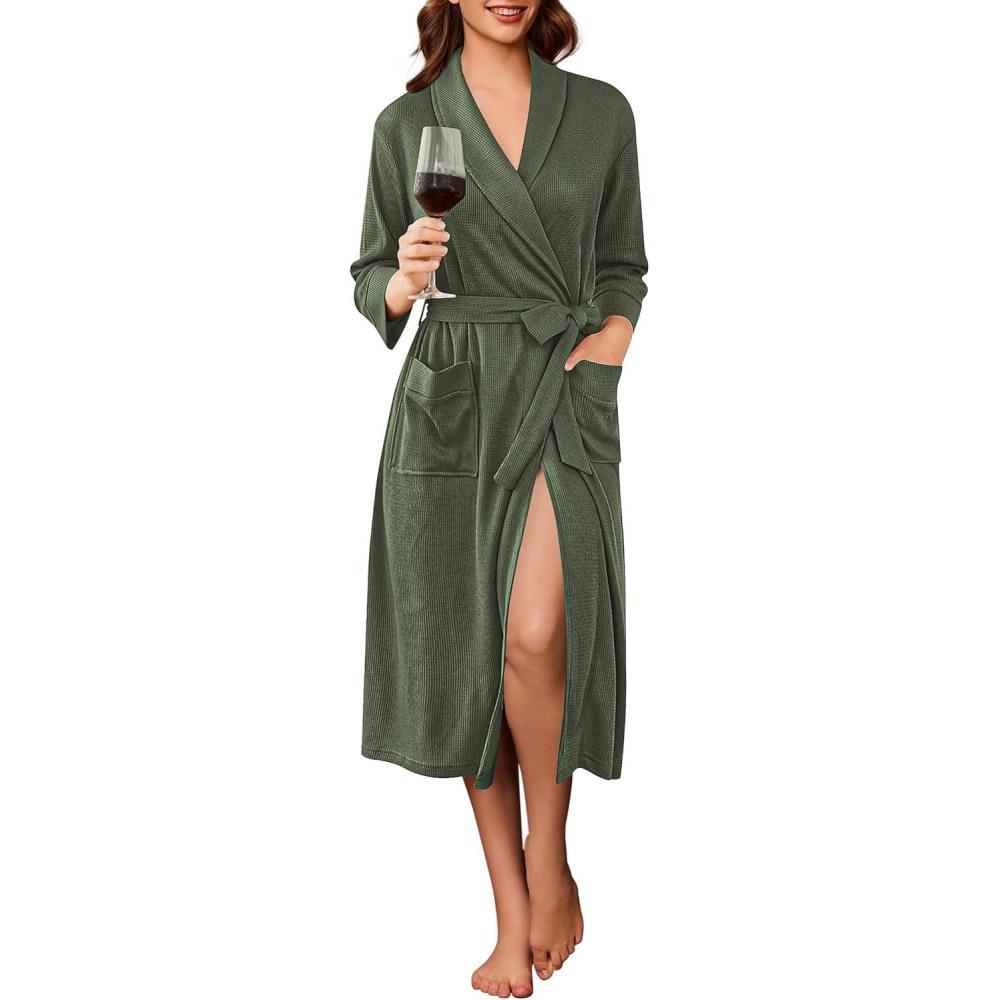 imageEkouaer Robes for Women Long Waffle Knit Bathrobe Lightweight Kimono Robe Soft Shawl Collar Spa Robes with Pockets SXXLArmy GreenSmall Waffle