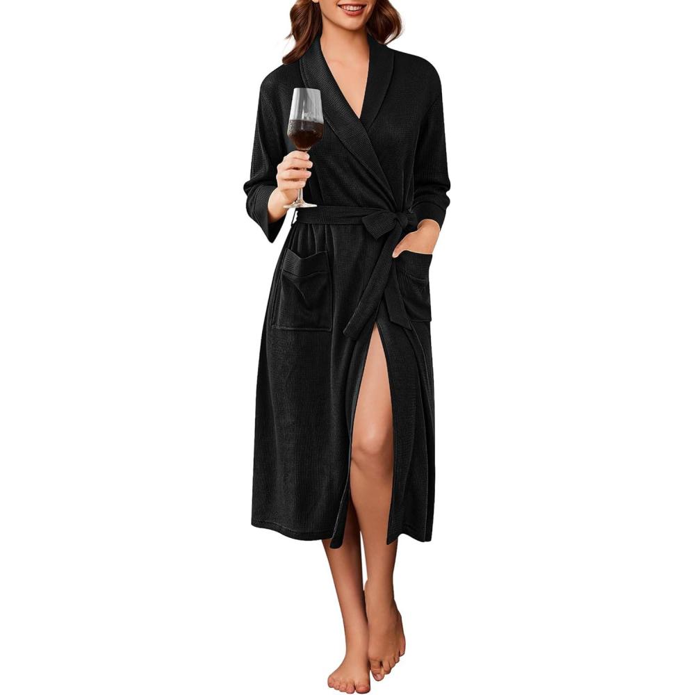 imageEkouaer Robes for Women Long Waffle Knit Bathrobe Lightweight Kimono Robe Soft Shawl Collar Spa Robes with Pockets SXXLBlackSmall Waffle