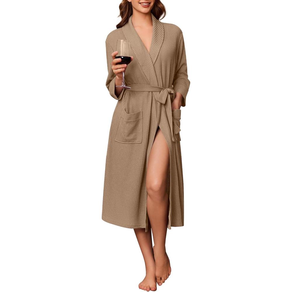 imageEkouaer Robes for Women Long Waffle Knit Bathrobe Lightweight Kimono Robe Soft Shawl Collar Spa Robes with Pockets SXXLKhakiBig Waffle