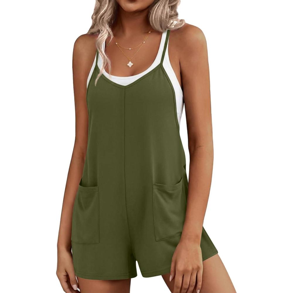 imageEkouaer Rompers for Women Summer Casual Sleeveless Short Overalls Boho Spaghetti Strap Shorts Jumpsuit with PocketsArmy Green