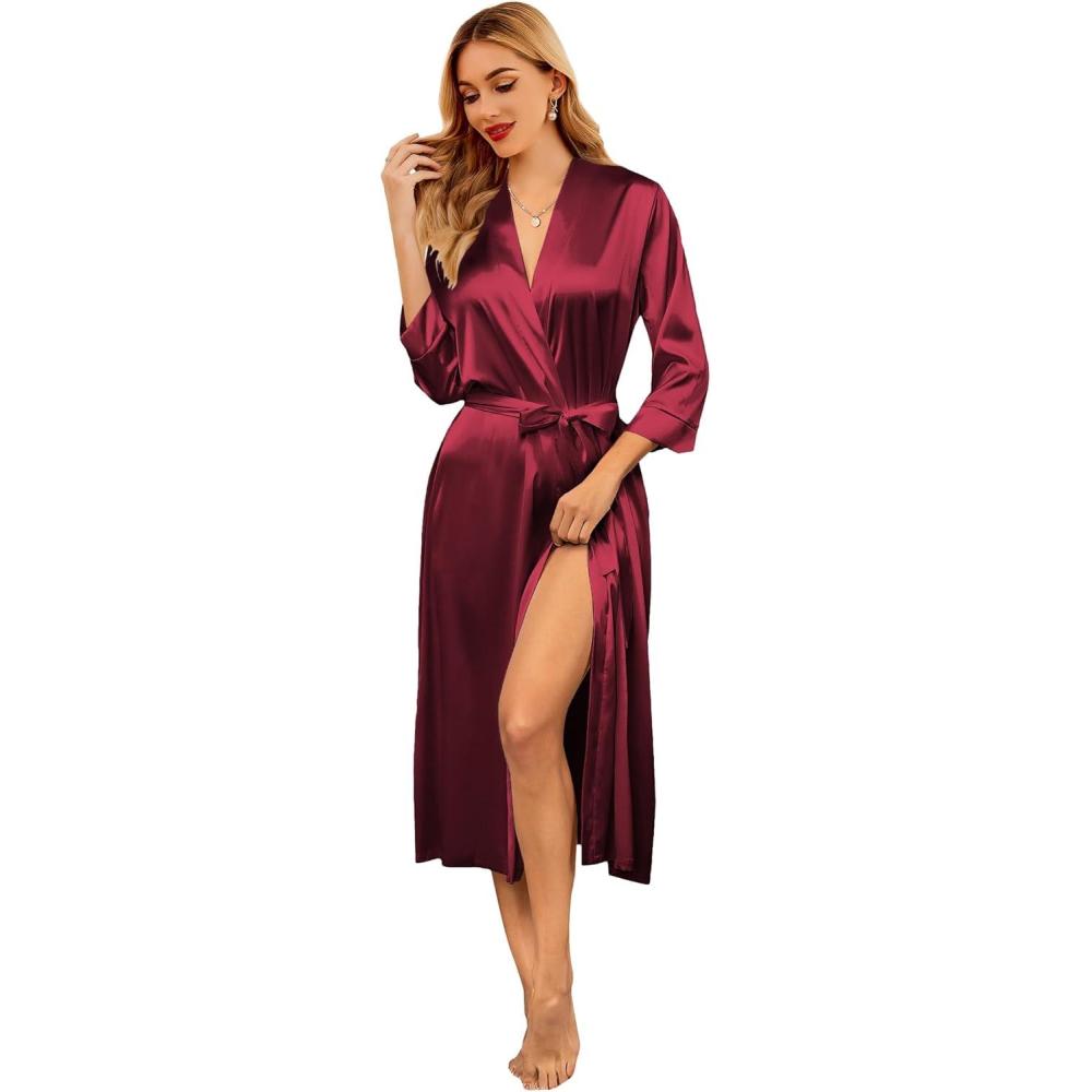 imageEkouaer Silk Robes for Women Long Satin Bride Bridesmaid Wedding Party Robes Lightweight Sexy Sleepwear with PocketsWine Red