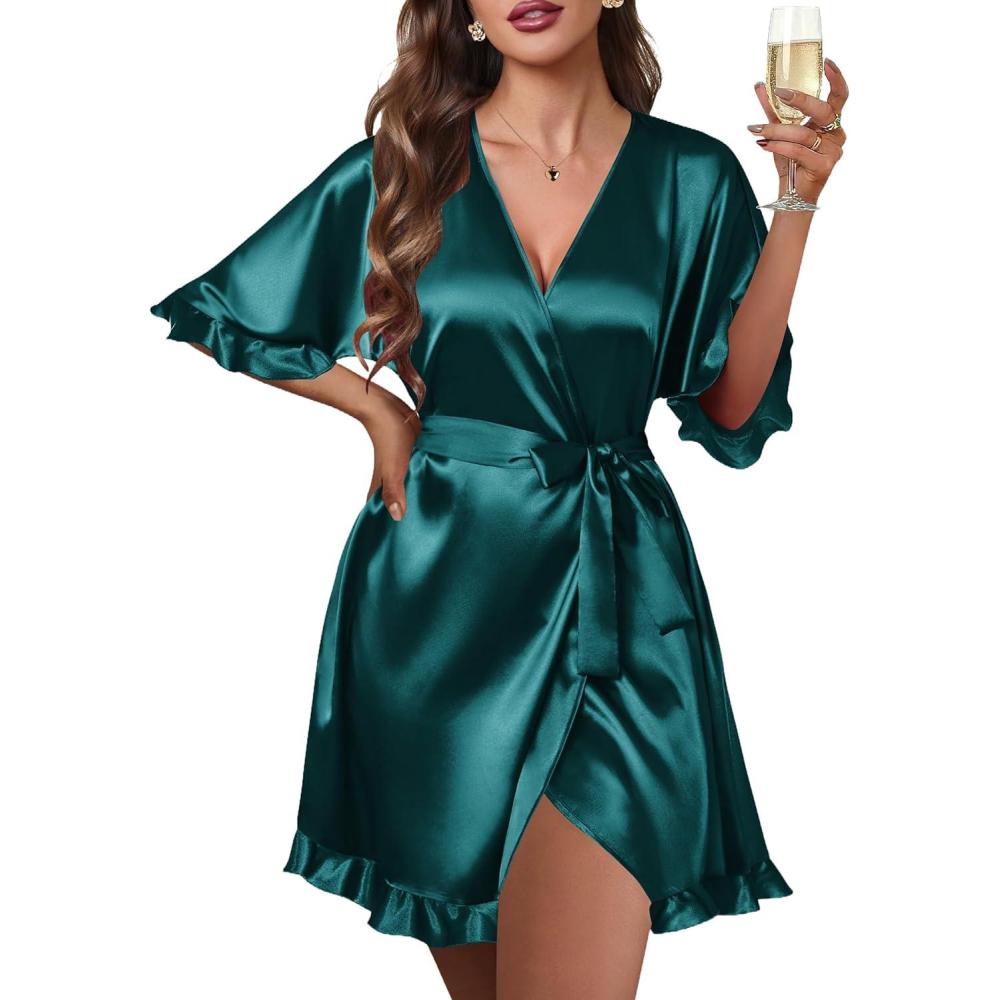 imageEkouaer Silk Robes for Women Short Lightweight Bathrobe Ruffled Satin Kimono Robes Sexy Bride Bridesmaid SleepwearDeep Green
