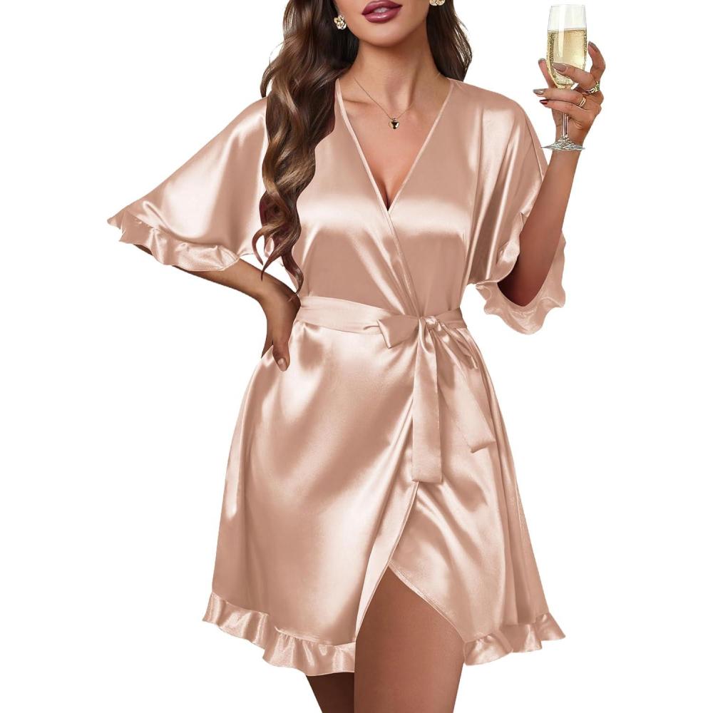 imageEkouaer Silk Robes for Women Short Lightweight Bathrobe Ruffled Satin Kimono Robes Sexy Bride Bridesmaid SleepwearKhaki