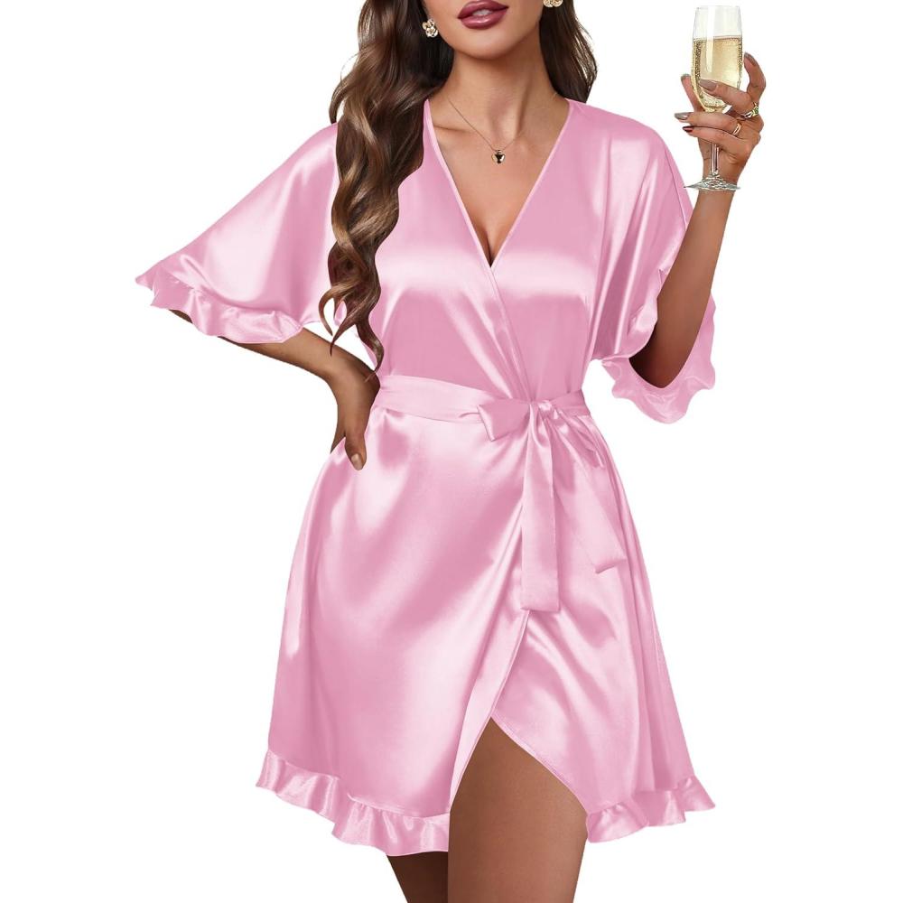 imageEkouaer Silk Robes for Women Short Lightweight Bathrobe Ruffled Satin Kimono Robes Sexy Bride Bridesmaid SleepwearPink