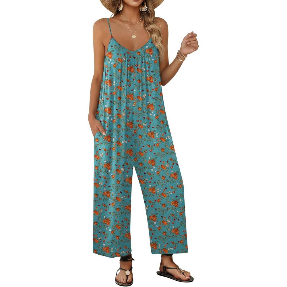 imageEkouaer Wide Leg Jumpsuits for Women Casual Overalls Sleeveless Vacation Outfits One Piece Boho Printed Romper with PocketFloral Blue Green