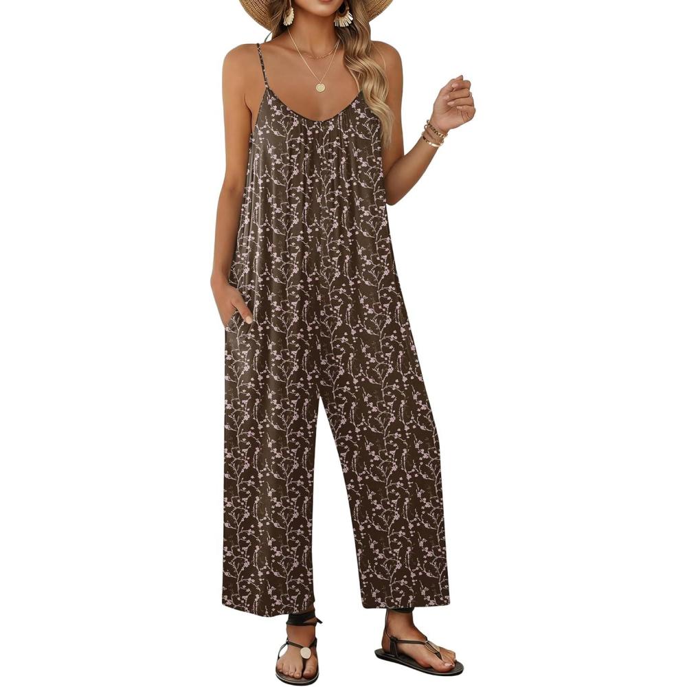 imageEkouaer Wide Leg Jumpsuits for Women Casual Overalls Sleeveless Vacation Outfits One Piece Boho Printed Romper with PocketFloral Brown
