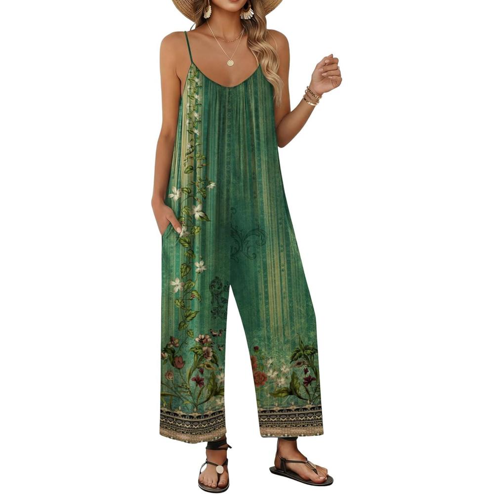 imageEkouaer Wide Leg Jumpsuits for Women Casual Overalls Sleeveless Vacation Outfits One Piece Boho Printed Romper with PocketFloral Ice Green