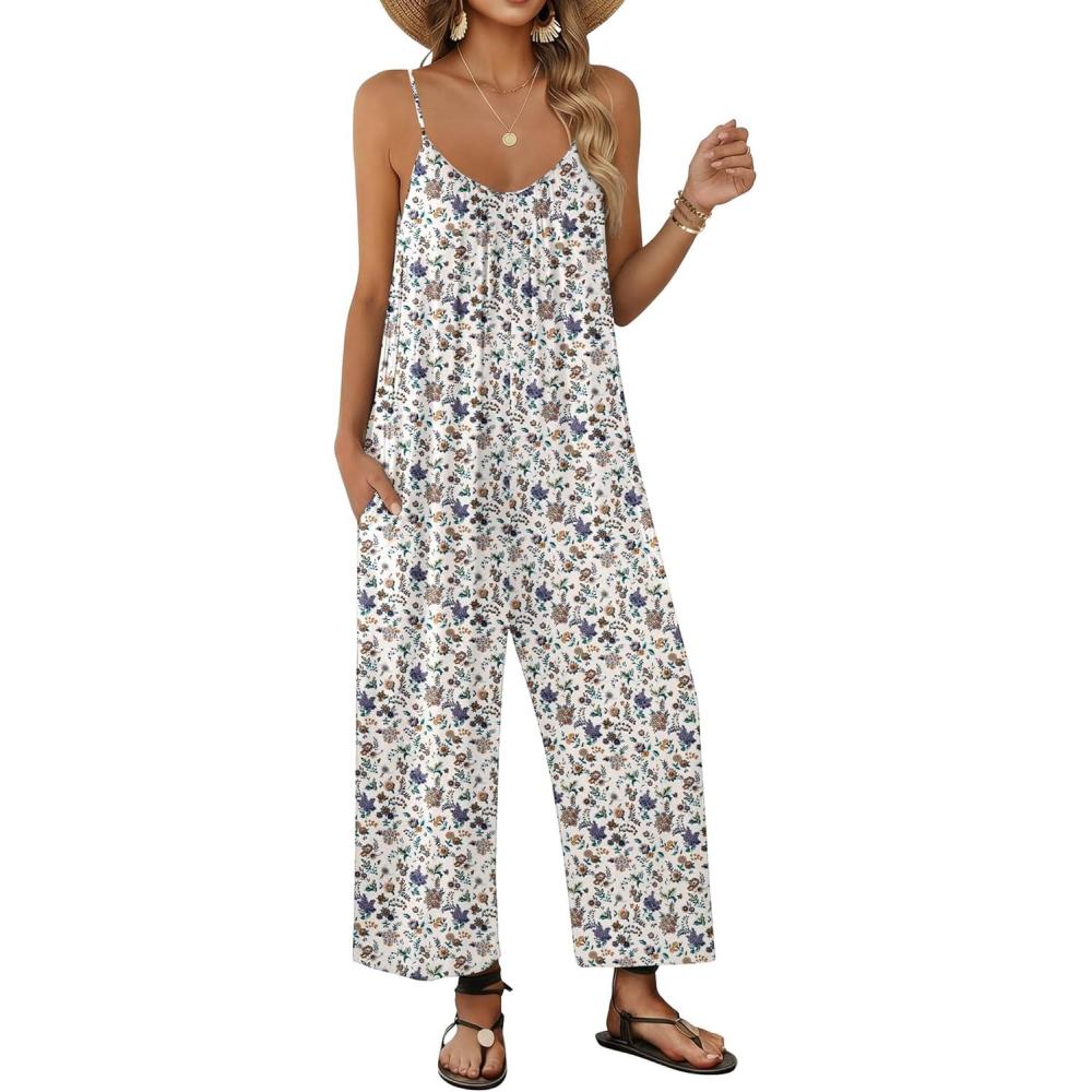 imageEkouaer Wide Leg Jumpsuits for Women Casual Overalls Sleeveless Vacation Outfits One Piece Boho Printed Romper with PocketFloral Khaki
