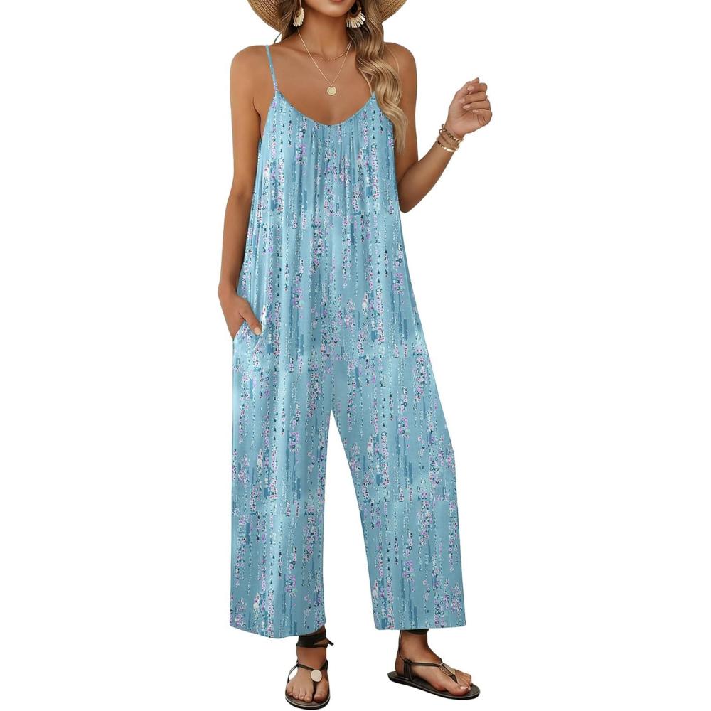 imageEkouaer Wide Leg Jumpsuits for Women Casual Overalls Sleeveless Vacation Outfits One Piece Boho Printed Romper with PocketFloral Light Blue