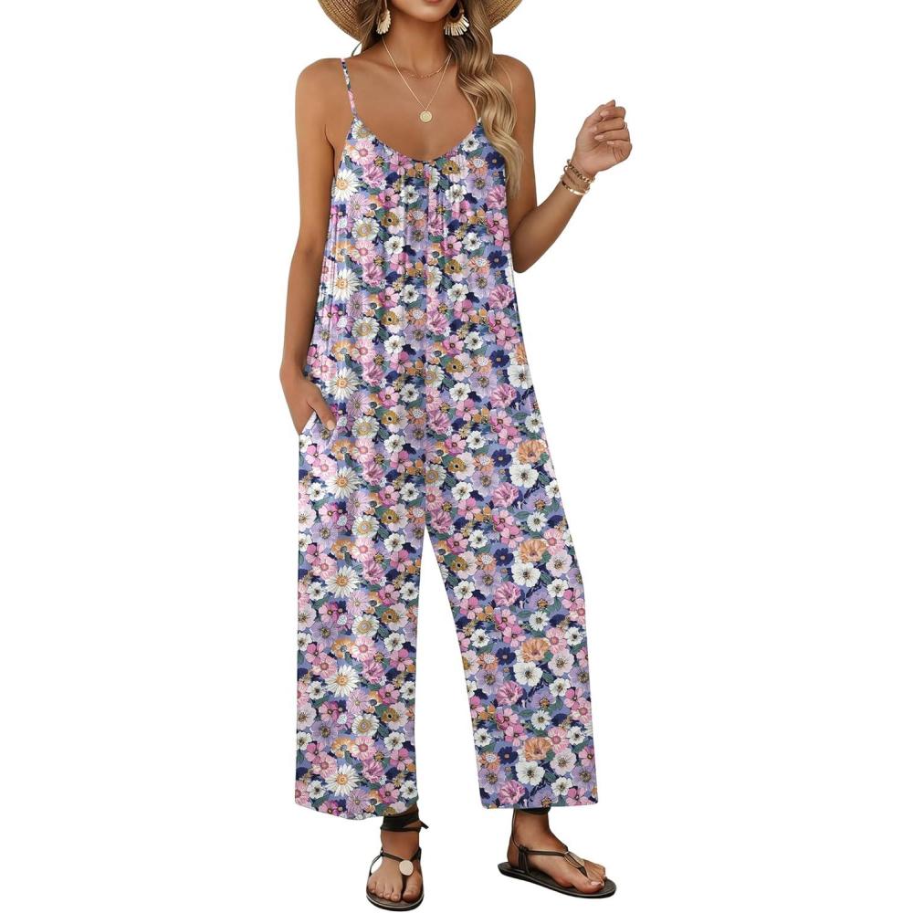 imageEkouaer Wide Leg Jumpsuits for Women Casual Overalls Sleeveless Vacation Outfits One Piece Boho Printed Romper with PocketFloral Print