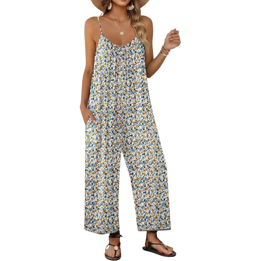 imageEkouaer Wide Leg Jumpsuits for Women Casual Overalls Sleeveless Vacation Outfits One Piece Boho Printed Romper with PocketWhite Print