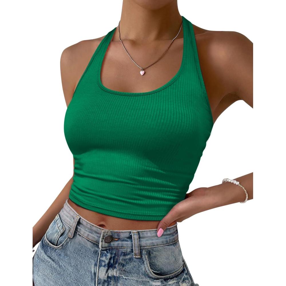 imageEkouaer Women Halter Top Backless Scroop Neck Slim Stretchy Ribbed Knit Camisole Crop Tops SXXLGreen