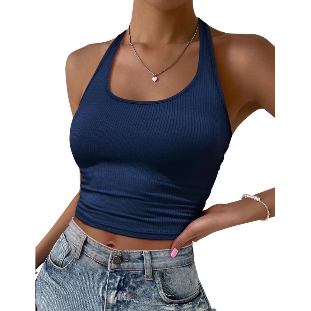 imageEkouaer Women Halter Top Backless Scroop Neck Slim Stretchy Ribbed Knit Camisole Crop Tops SXXLNavy