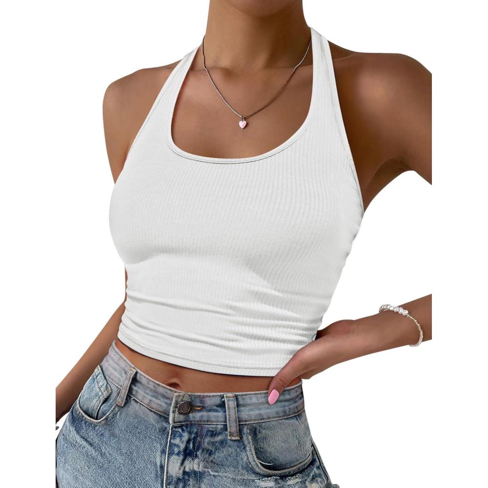 imageEkouaer Women Halter Top Backless Scroop Neck Slim Stretchy Ribbed Knit Camisole Crop Tops SXXLWhite