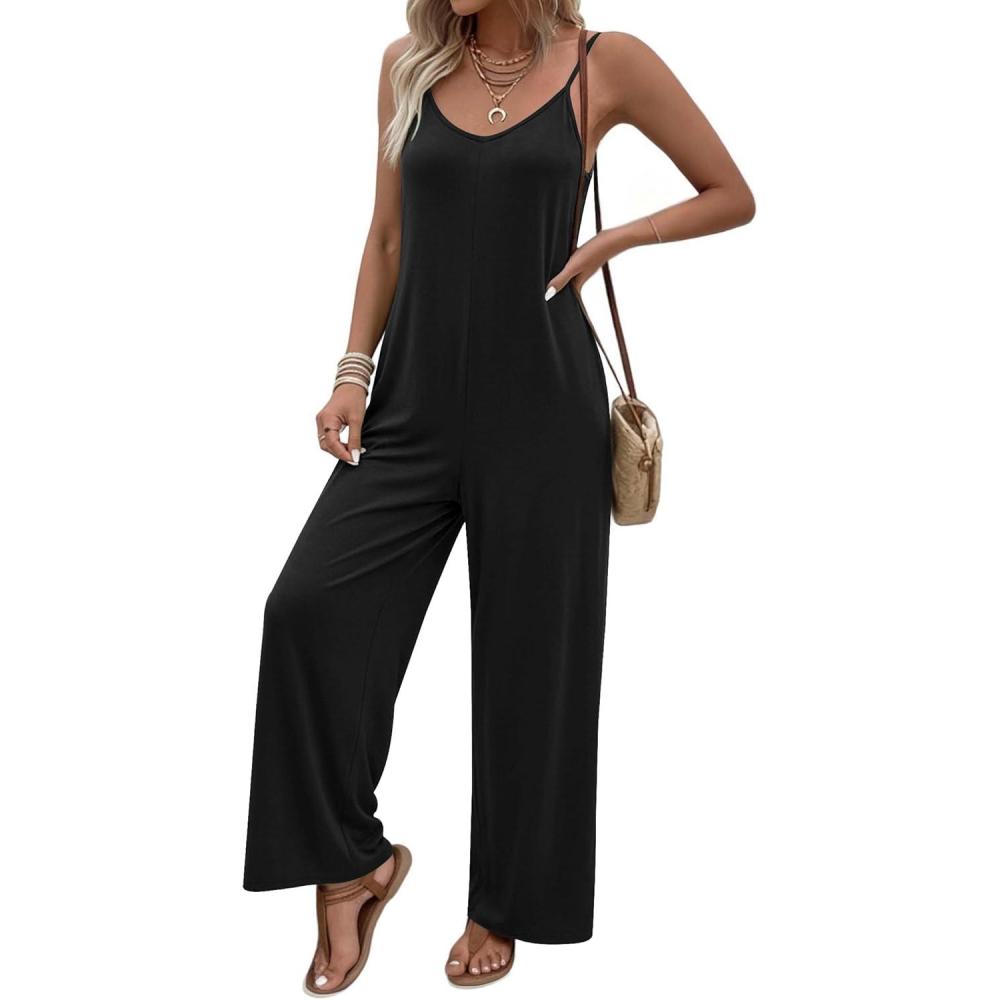 imageEkouaer Women Jumpsuits Casual Boho Overalls Sleeveless Spaghetti Strap Long Pants Romper with PocketsBlack