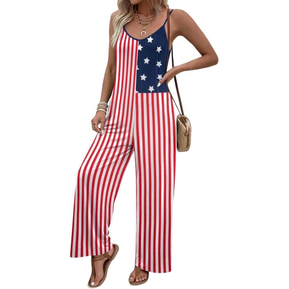 imageEkouaer Women Jumpsuits Casual Boho Overalls Sleeveless Spaghetti Strap Long Pants Romper with PocketsFlag American