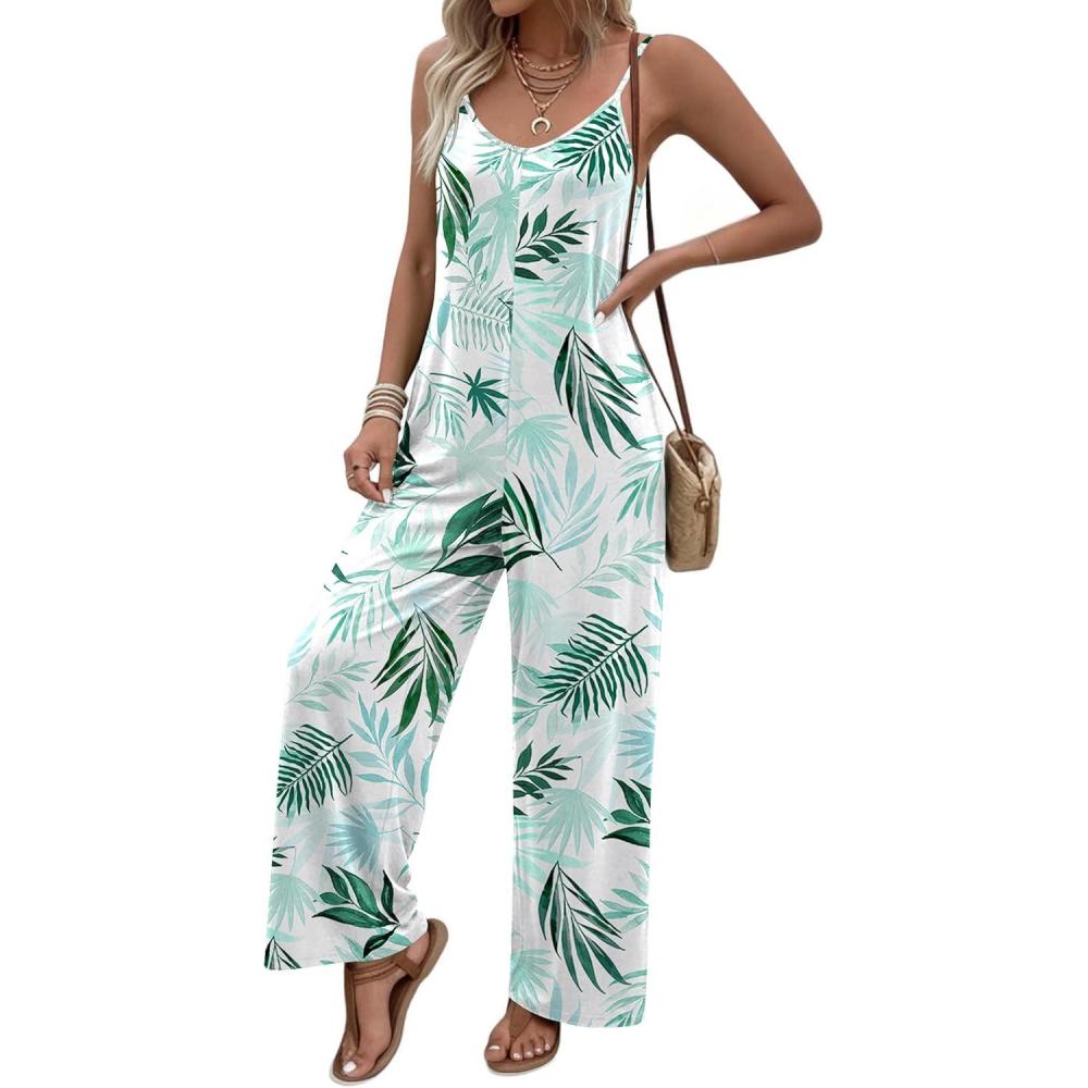 imageEkouaer Women Jumpsuits Casual Boho Overalls Sleeveless Spaghetti Strap Long Pants Romper with PocketsFloral Palm Leaf White