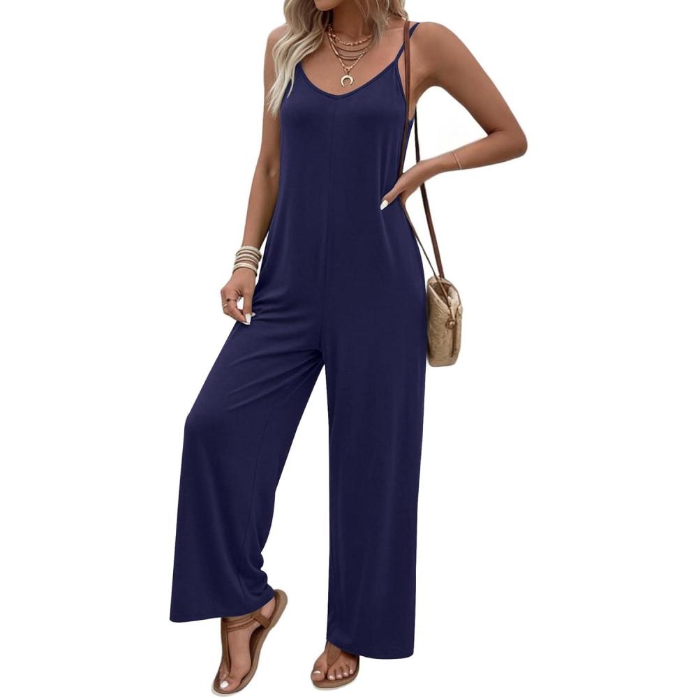 imageEkouaer Women Jumpsuits Casual Boho Overalls Sleeveless Spaghetti Strap Long Pants Romper with PocketsNavy Blue