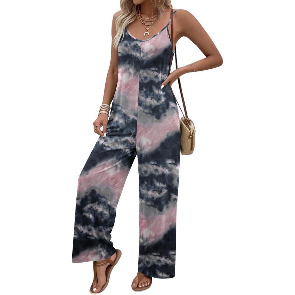 imageEkouaer Women Jumpsuits Casual Boho Overalls Sleeveless Spaghetti Strap Long Pants Romper with PocketsTie Dye Grey Pink