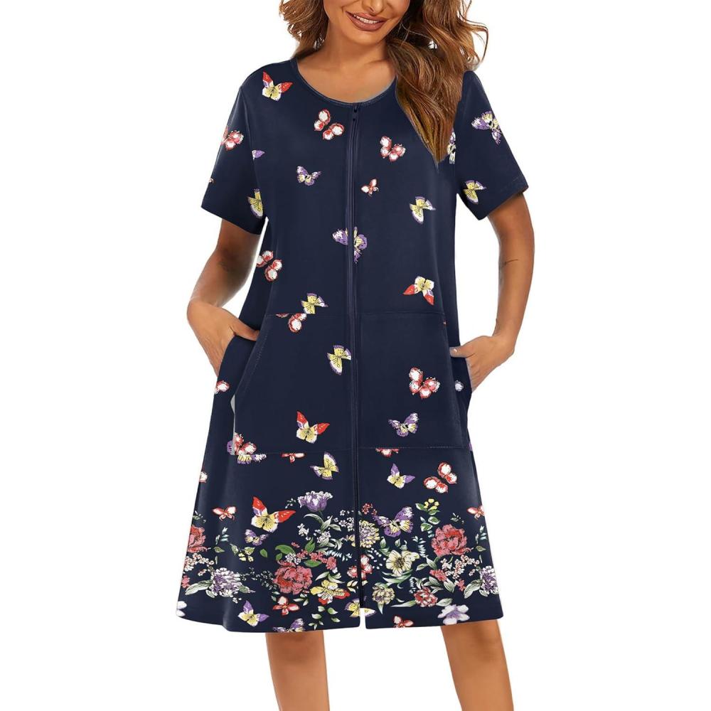 imageEkouaer Women Robes Lightweight House Coat Short Sleeve Floral Print Mumu House Dresses with Pockets Zipper NightgownsButterfly and Flower