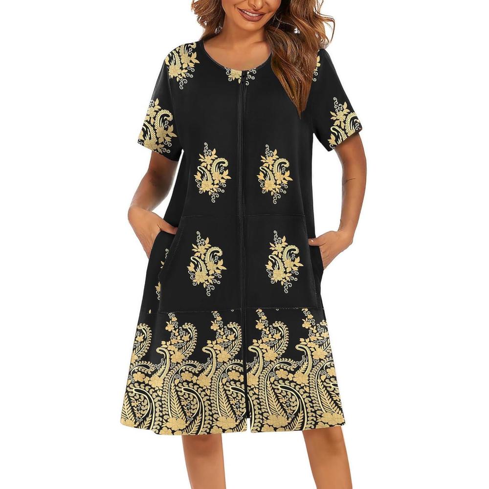 imageEkouaer Women Robes Lightweight House Coat Short Sleeve Floral Print Mumu House Dresses with Pockets Zipper NightgownsFloral Black Gold