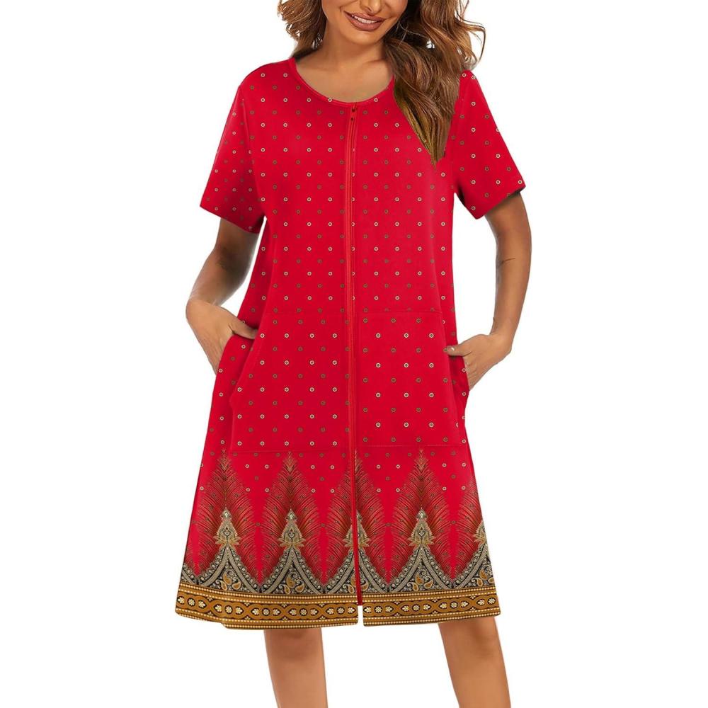 imageEkouaer Women Robes Lightweight House Coat Short Sleeve Floral Print Mumu House Dresses with Pockets Zipper NightgownsFloral Red