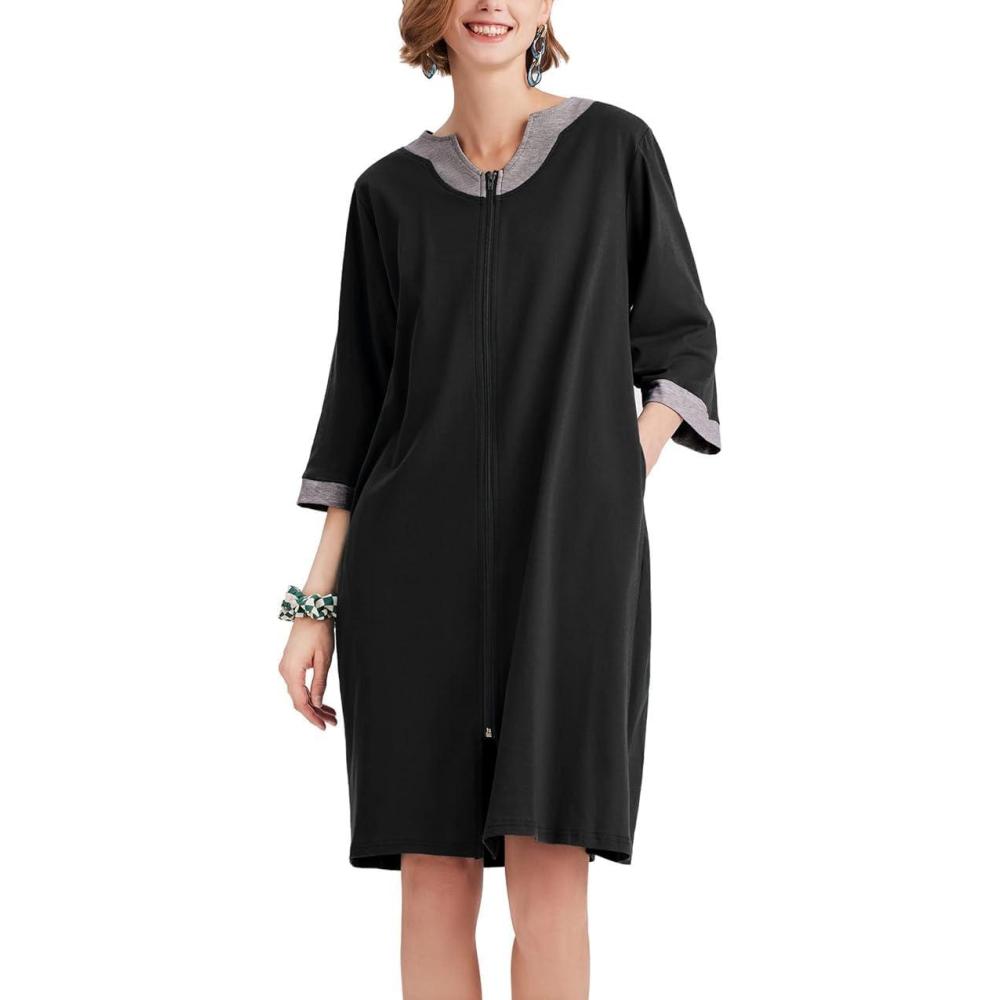 imageEkouaer Women Zipper Robe 34 Sleeve Nightgowns Lightweight Short Bathrobe with Pockets S3XLBlack