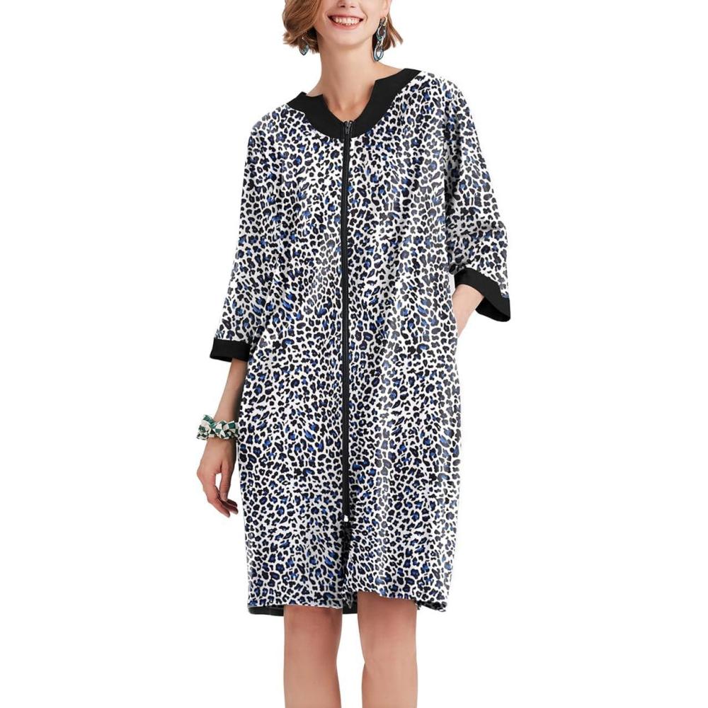 imageEkouaer Women Zipper Robe 34 Sleeve Nightgowns Lightweight Short Bathrobe with Pockets S3XLBlack Leopard