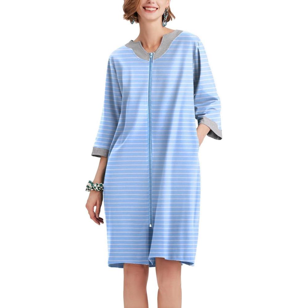 imageEkouaer Women Zipper Robe 34 Sleeve Nightgowns Lightweight Short Bathrobe with Pockets S3XLBlue Strips