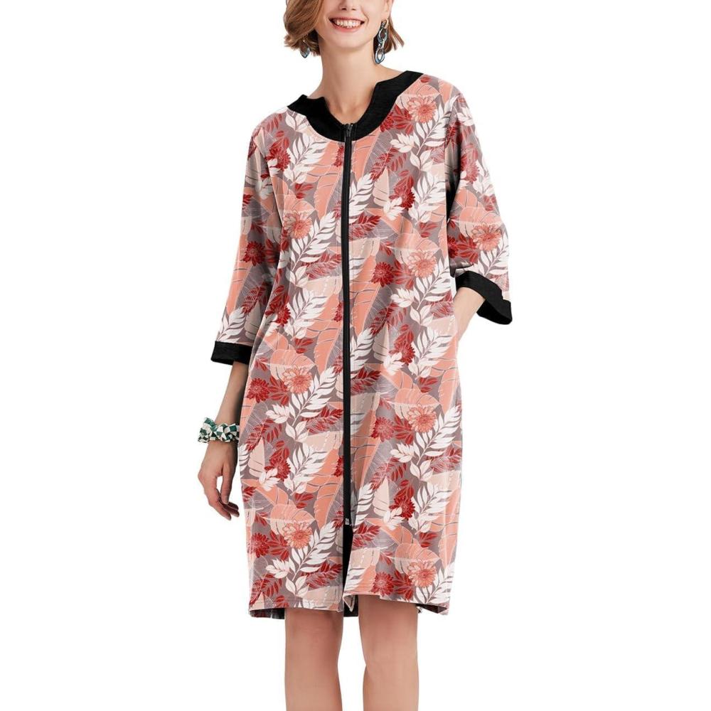 imageEkouaer Women Zipper Robe 34 Sleeve Nightgowns Lightweight Short Bathrobe with Pockets S3XLBrown Floral