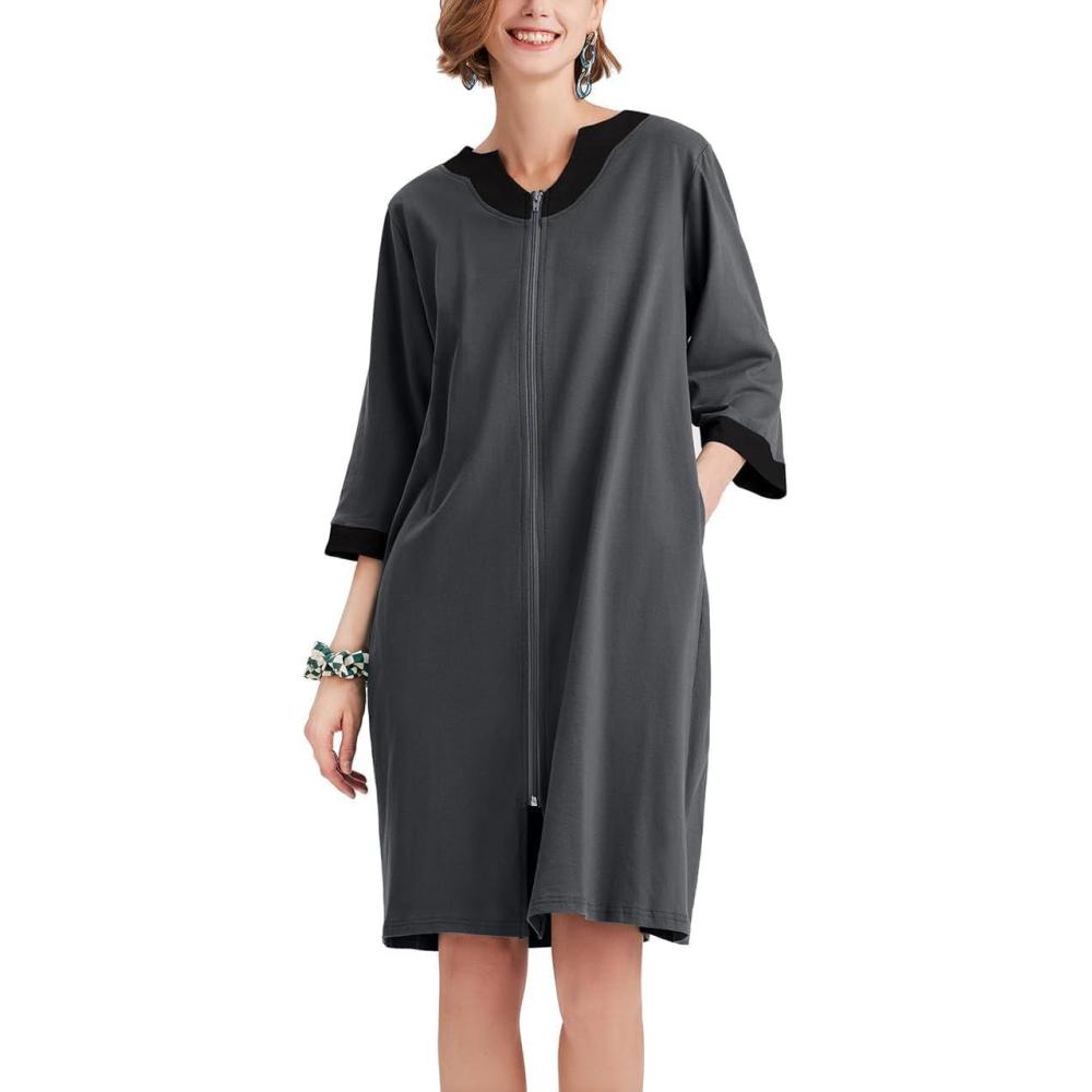 imageEkouaer Women Zipper Robe 34 Sleeve Nightgowns Lightweight Short Bathrobe with Pockets S3XLDark Gray